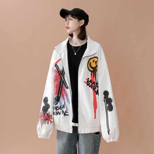 New Hong Kong Style Creative Hand-Painted Loose Long-Sleeved Casual Jacket