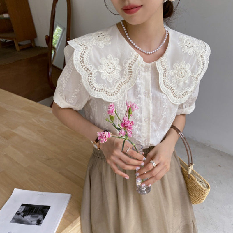 Korean Embroidery Age-reducing Lace Collar Short-sleeved Shirt