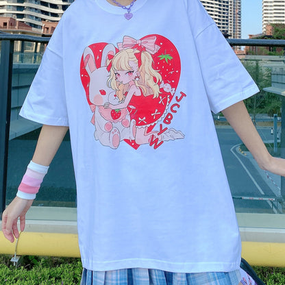 Camiseta holgada de manga corta con estampado de amor para mujer, camiseta creativa Super Fire para estudiante