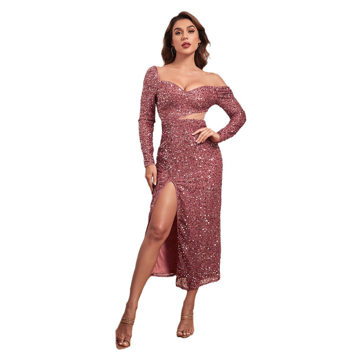 Robe de soirée à paillettes et col carré pour femme