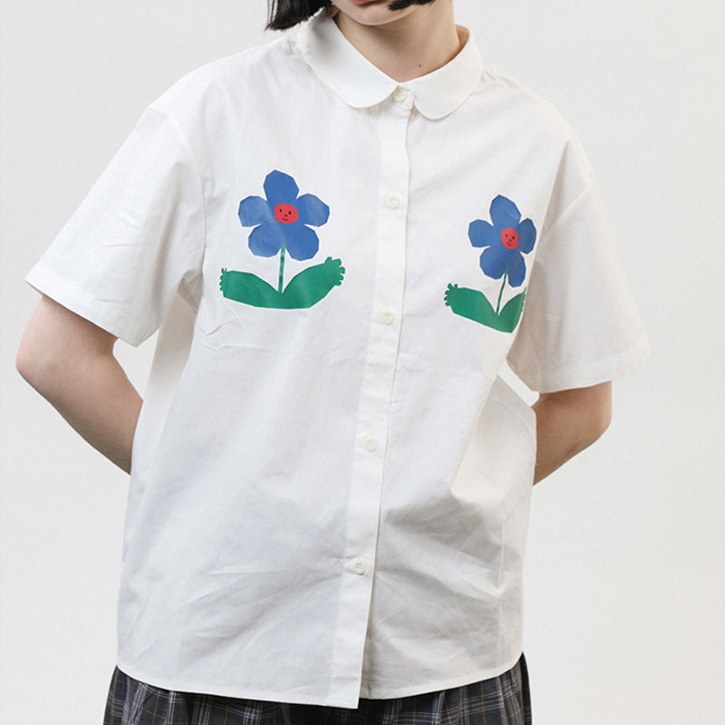 Camisa blanca de verano con estampado de flores, camisa holgada de manga corta para mujer