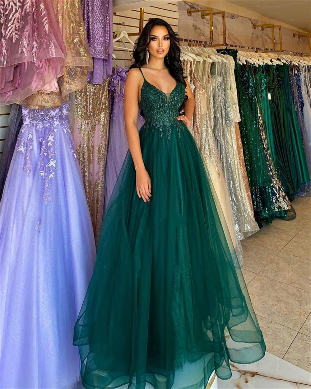 Vestido de noche de anfitrión de banquete verde oscuro