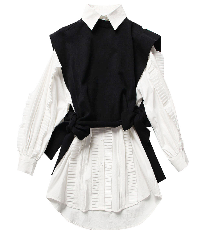 Lace-up Sweater Vest  White Long Shirt Dress Two-piece Suit