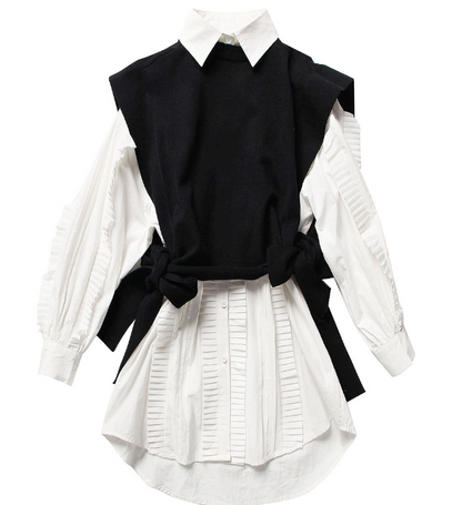 Lace-up Sweater Vest  White Long Shirt Dress Two-piece Suit