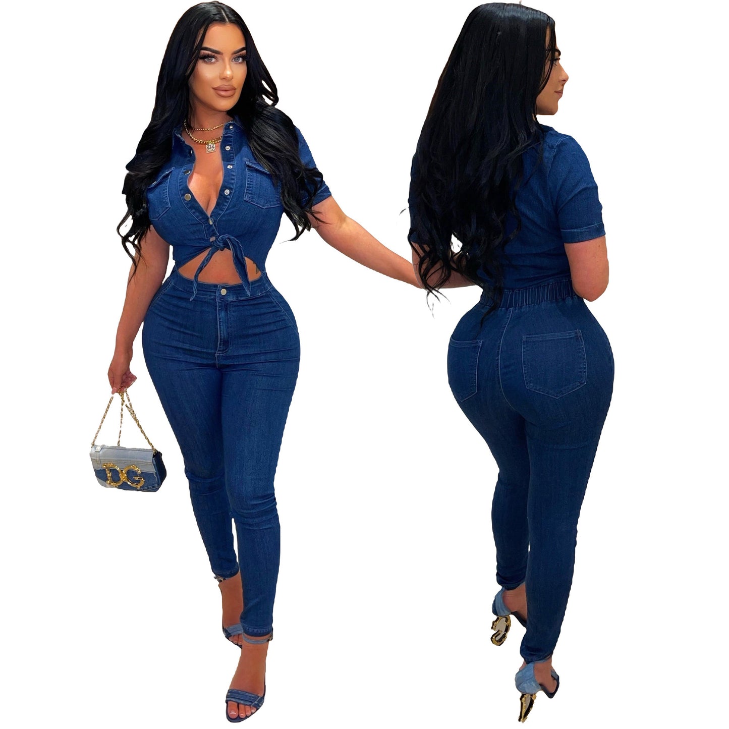 Slim Fit Fashion Short Sleeve Denim Jumpsuit