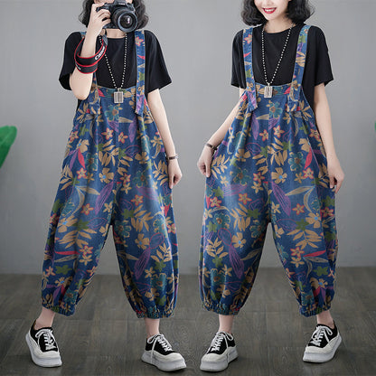 Loose Slimming Slim Fit Printed Cropped Denim Suspender Pants