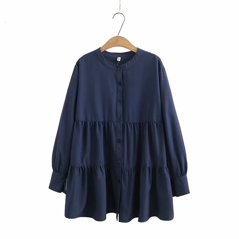 Medium Length Small Stand Collar Shirt Pleated Skirt