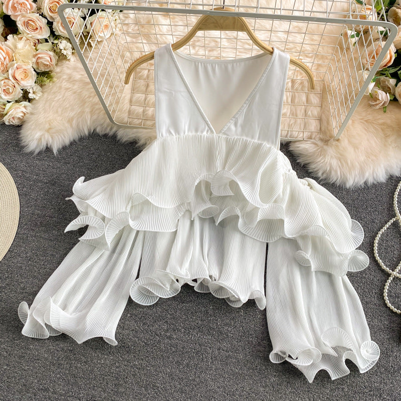 Western Style Irregular Design Off-shoulder Stitching Fairy Pleated Cake Chiffon Shirt