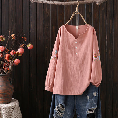 Art V-neck three button sleeve embroidered shirt