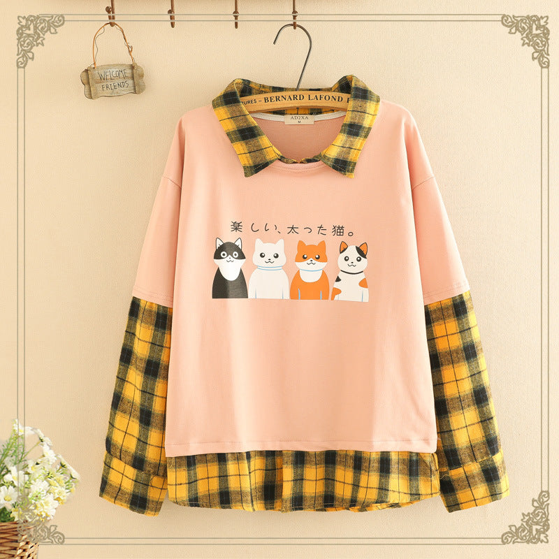 Sweater Fake Two-Piece Stitching Plaid Girl Big Boy New Loose Four Cats Print