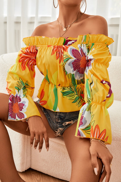 Floral Off-Shoulder Flounce Sleeve Peplum Blouse