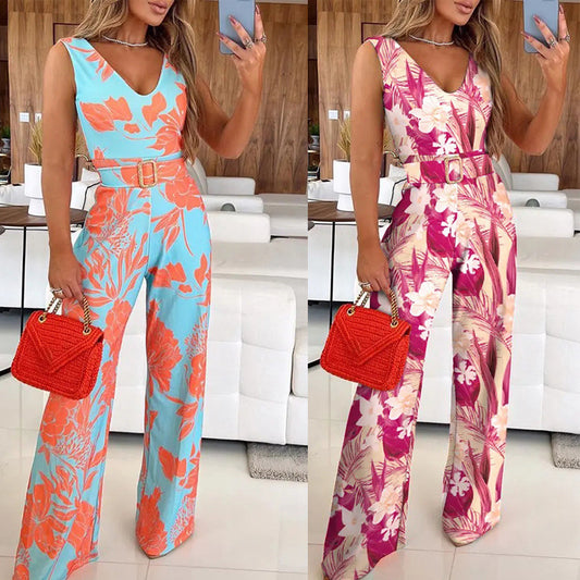 European And American New Women's Printed V-neck Sleeveless Jumpsuit