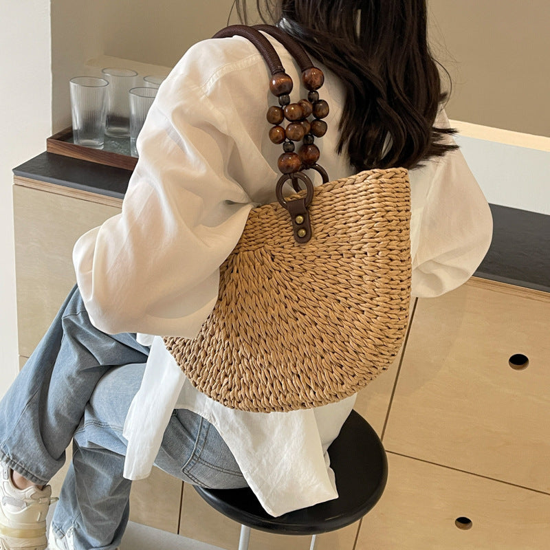 Bolso de mujer trenzado, bolso de mano para vacaciones en la playa, gran capacidad, informal, semicircular