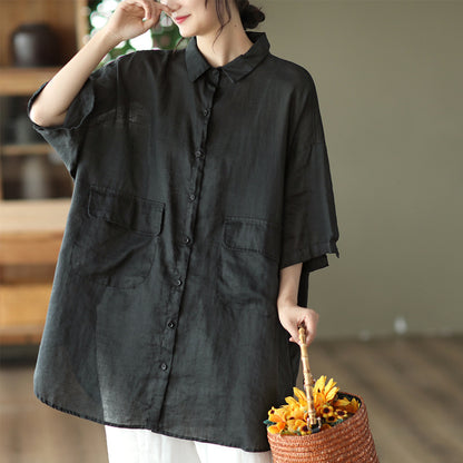 Retro Ramie Shirt Mid-length Elegant Top