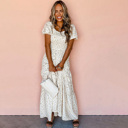 Vestido estampado plisado adelgazante con recorte de cintura a la moda para mujer