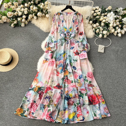 Niche Ruffled Long Version Advanced Sense V-neck Dress