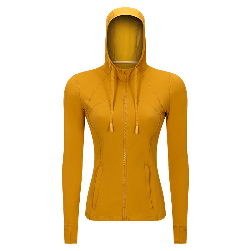 Chaqueta deportiva con capucha para mujer, ajustada, con cremallera, elástica, para correr, ropa de Yoga