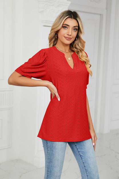 Eyelet Short Puff Sleeve Notched Neck Top