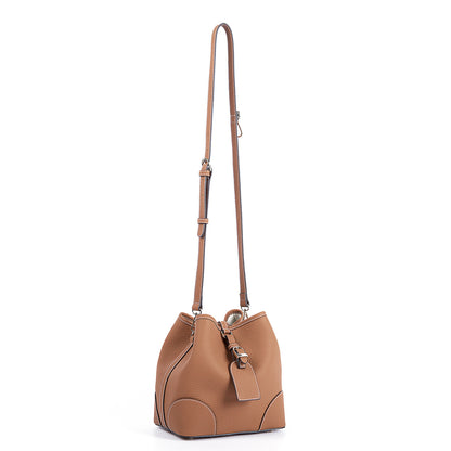 Handmade Retro Cowhide Bucket Bag Litchi Pattern Drawstring Commuter