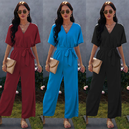 European And American V-neck Women's Tie Waist Solid Color Jumpsuit