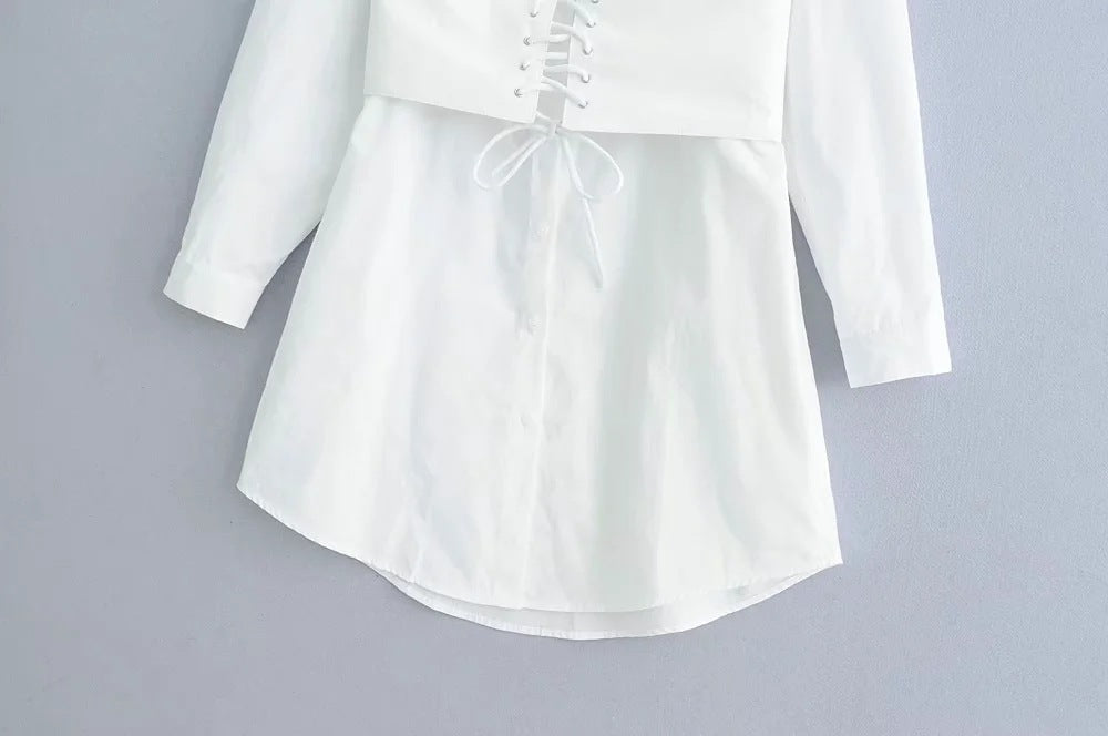 Long sleeve white shirt dress with tie waist