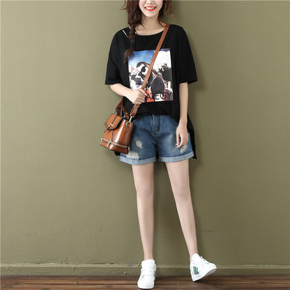 summer new student jacket t-shirt large size loose long cotton short-sleeved T-shirt female