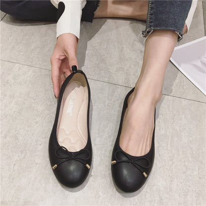 Round Toe Bowknot Low-cut Flat Bottom Pumps Women