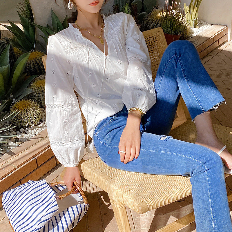 Chemise française brodée en coton blanc à manches longues pour femmes