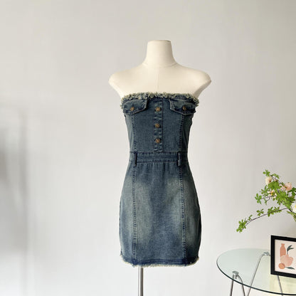 Design Waist-tight Tube Top Raw Edge Denim Dress