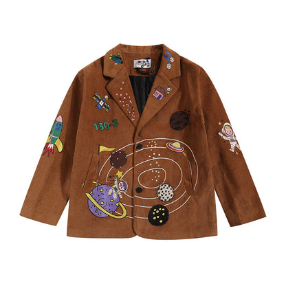 Niche Personality Corduroy Baggy Coat Cartoon Embroidered Casual Suit