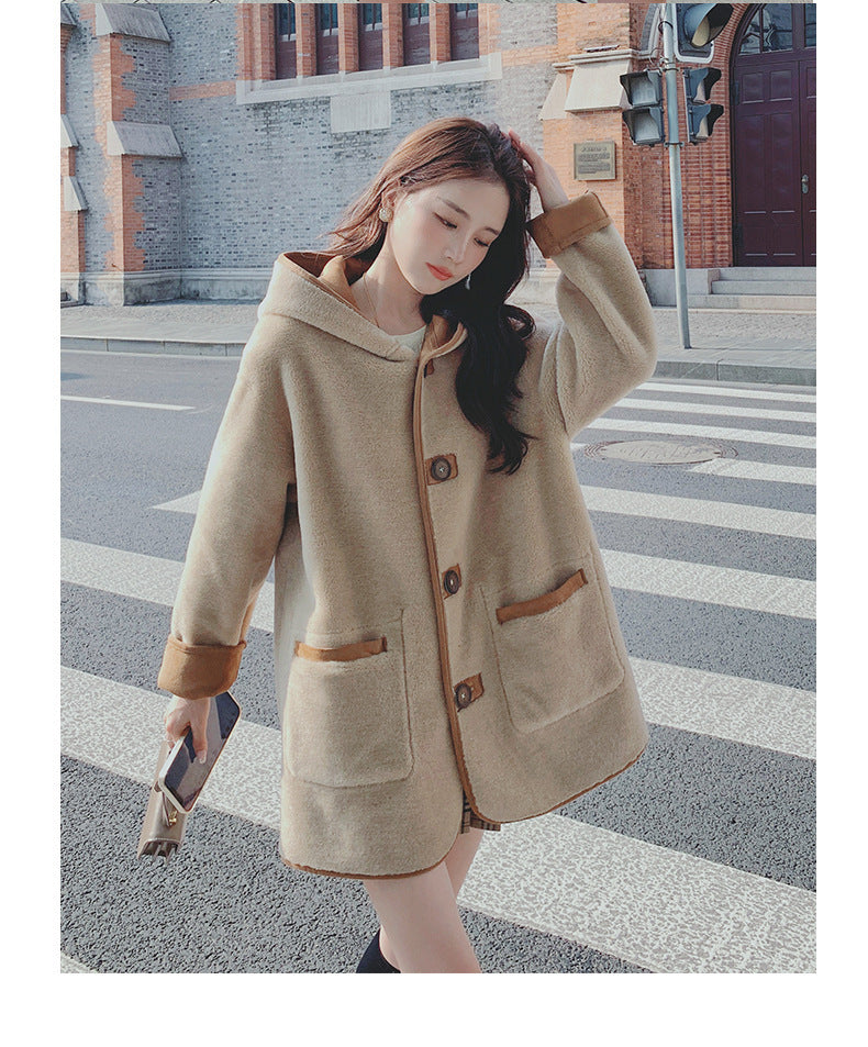 Women's Casual Loose Stitching Single-breasted Hooded Jacket