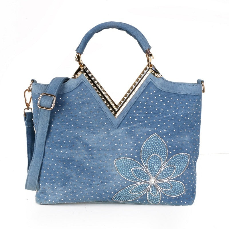 Fashion Women's V-shaped Diamond Flower Denim Bag