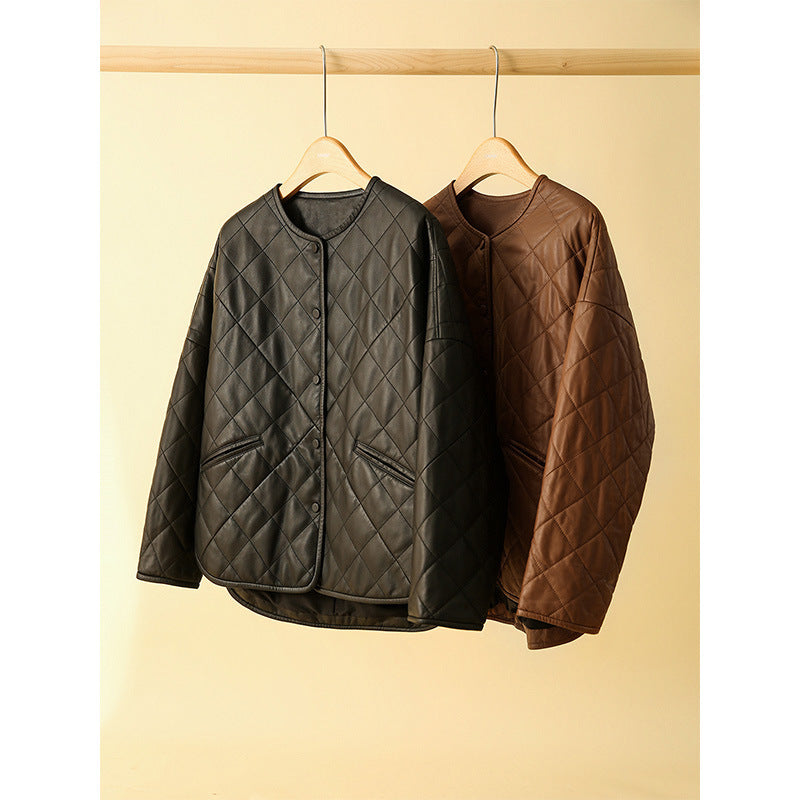 Women's Rhombus Plaid Sheepskin Coat Jacket