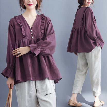 Women's Fat Mm Long-sleeved Loose Baby Shirt Shirt Ruffled Age Slimming Shirt