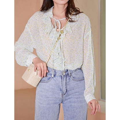 Camisa floral francesa con solapa y serpentina para mujer