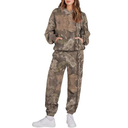 Women's 3 Camouflage Leaves Sports Hooded Long Sleeve Sweatshirt And Sweatpants Sets