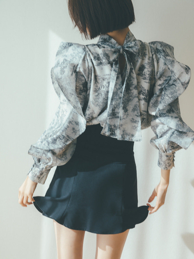 Stand-neck Printed Chiffon Shirt Ruffled Pullover Top