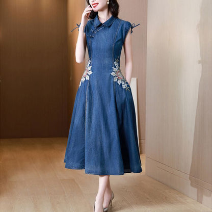 2024 Summer New Cheongsam Modified Version Denim Dress Female Machine Embroidery Retro