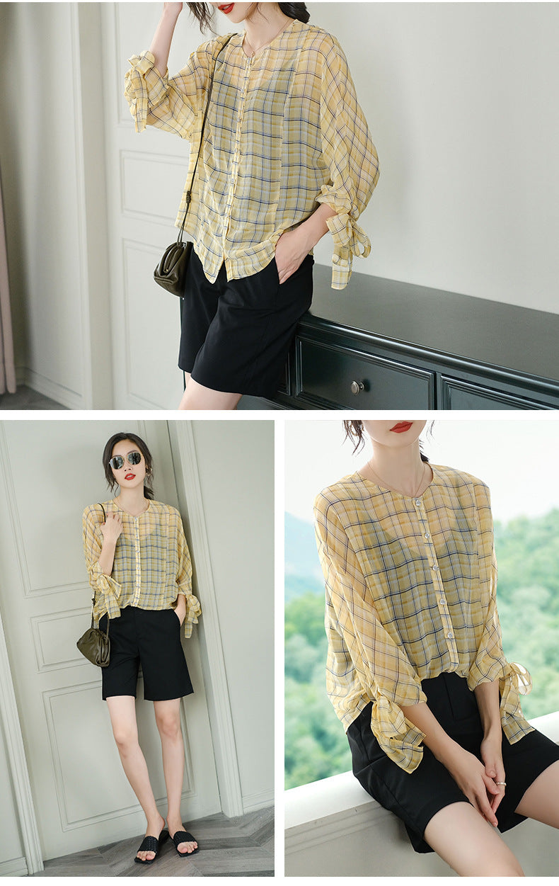 Three-quarter Sleeves Plaid Round Neck Single-breasted Ladies Shirt Chiffon Shirt