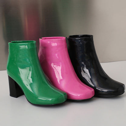 Botas de tobillo de color sólido para mujer Charol Tacón alto Moda