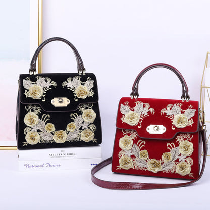 Bolso bandolera portátil con flores bordadas para mujer