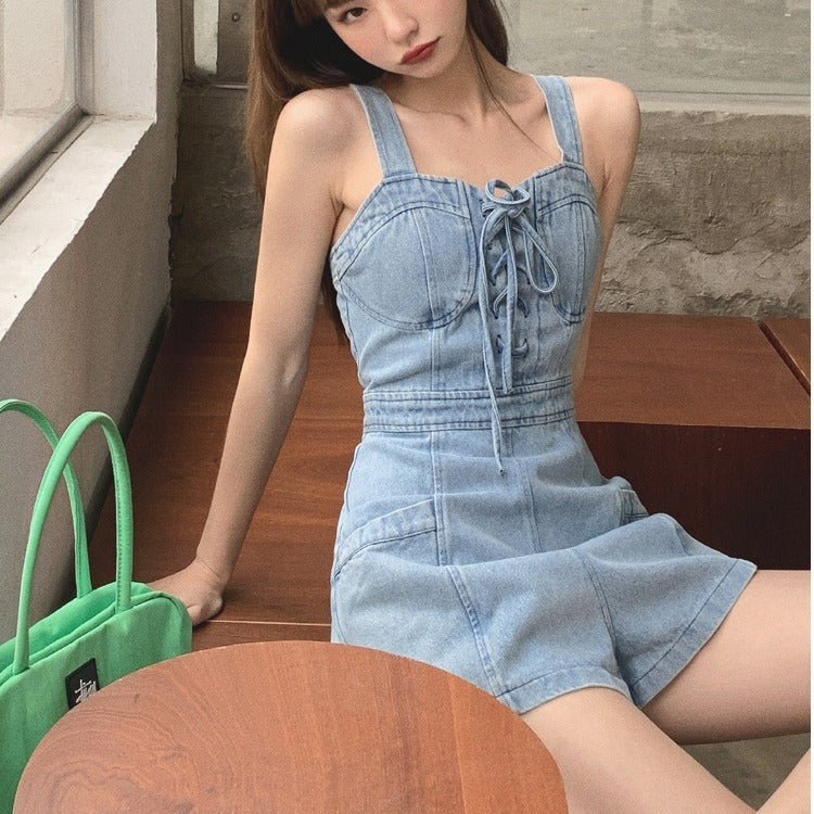 Women's High Waisted And Slim Suspender Denim Suspender Pants