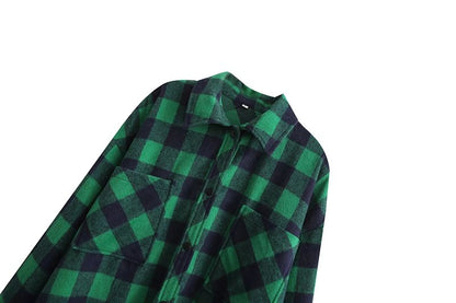 Autumn And Winter French Vintage Pocket Trimmed Wool Plaid Shirt Coat