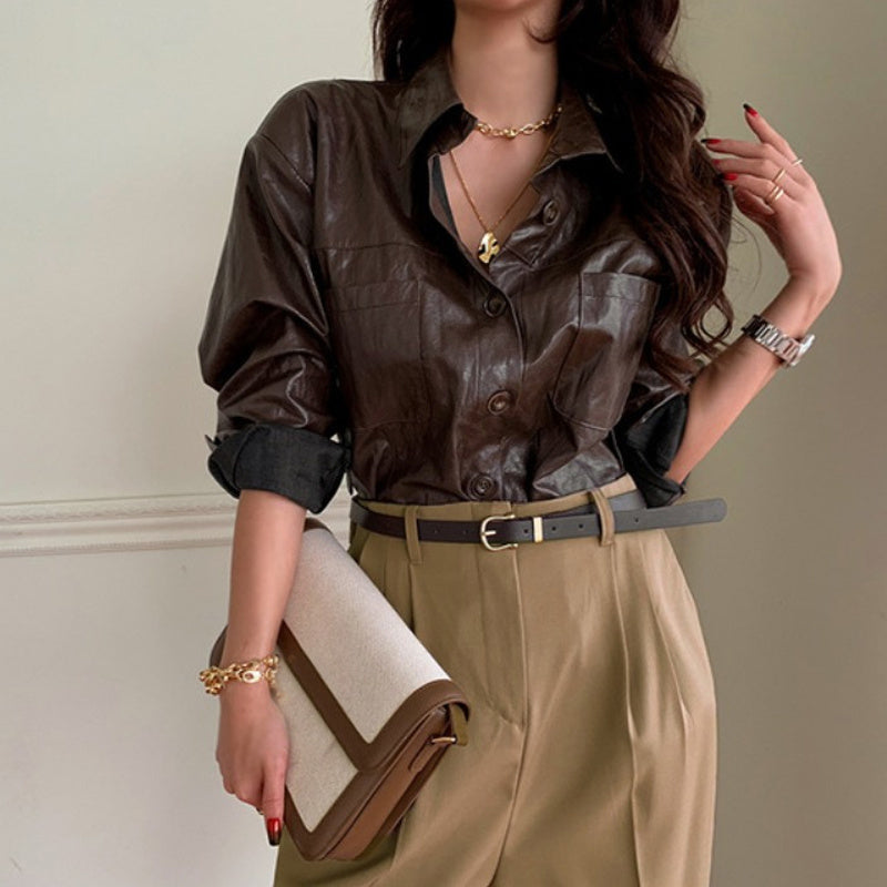 Temperament Design Sense Niche Long-sleeved Leather Shirt Ladies Wear All-match Tops