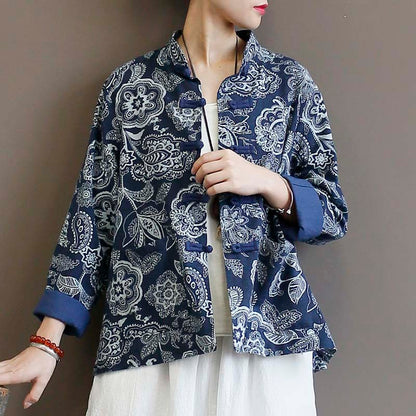 Veste Coton Et Lin Cardigan Femme Ethnique Calico Bleu