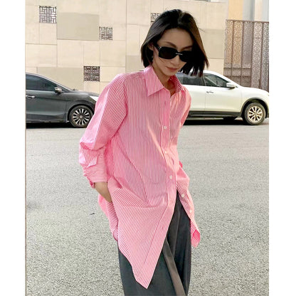 New Loose Fit Cotton Striped Long-sleeved Women's Shirt