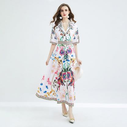 Suit Collar Fashion Printed Lace-up Waist-controlled Large Hem Long Dress