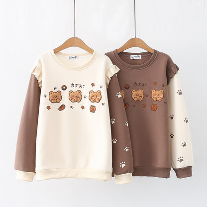 Women's Cartoon Three Bears Embroidered Fleece-lined Thickened Pullover Crew Neck Top Sweater