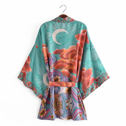 Cardigan ample ceinturé imprimé lune, kimono pour femme