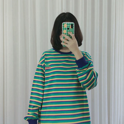 Striped Long Sleeve Top Women's T-Shirt Student Round Neck Pullover Sweater